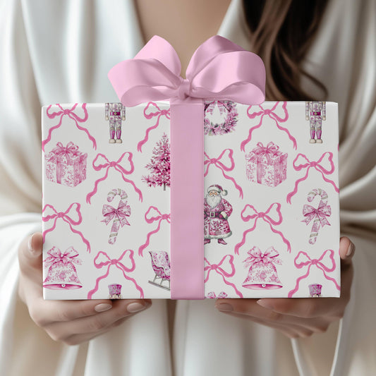 Personalized Pink Nutcracker Wrapping Paper: Girly Pink Bow Christmas Gift Wrap for Baby Girl - LAUMIANstudio