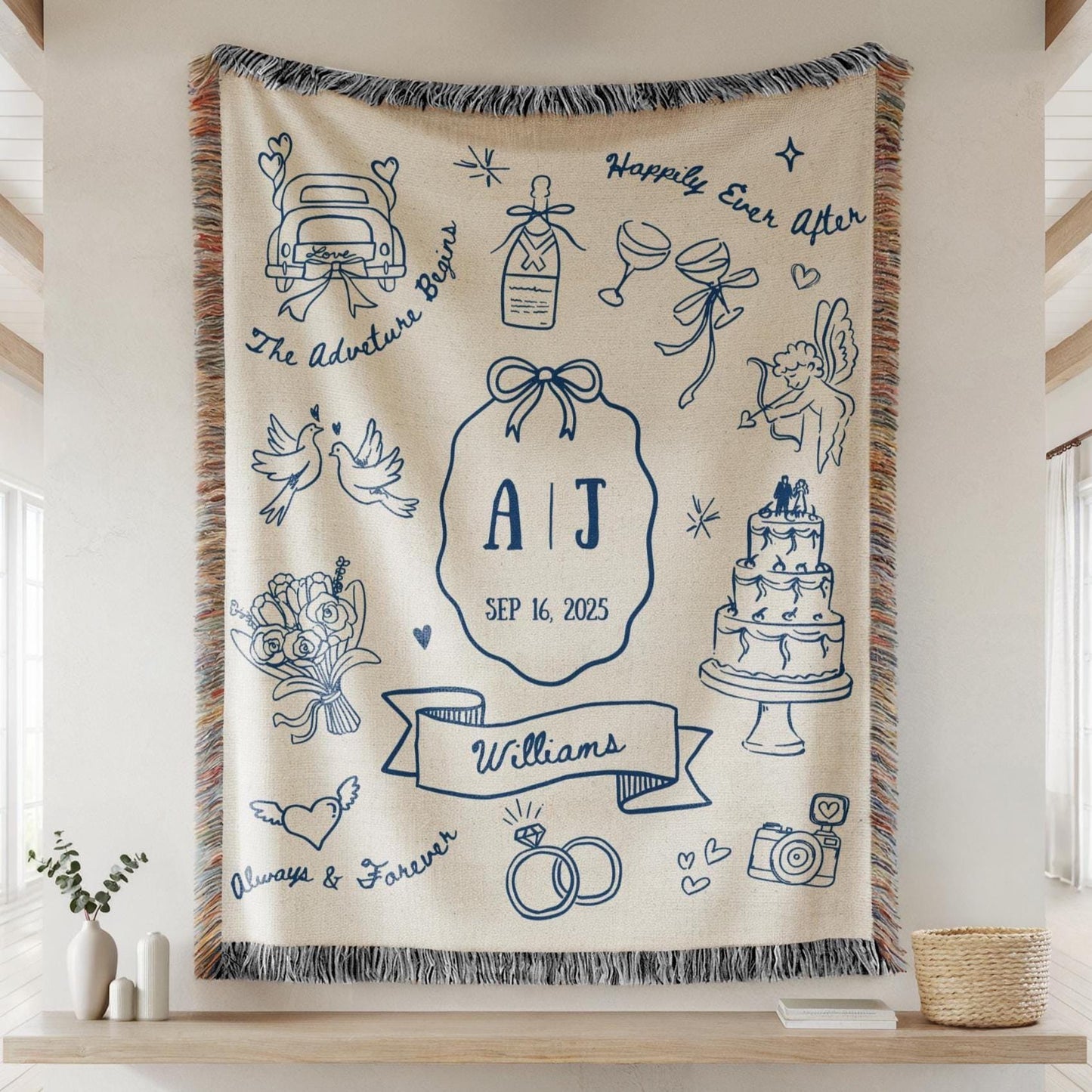 Personalized Wedding Woven Blanket Custom Just Married Retro Woven Throw Blanket Couples Blanket with Names Wedding Gift Bridal Shower Gift - LAUMIANstudio