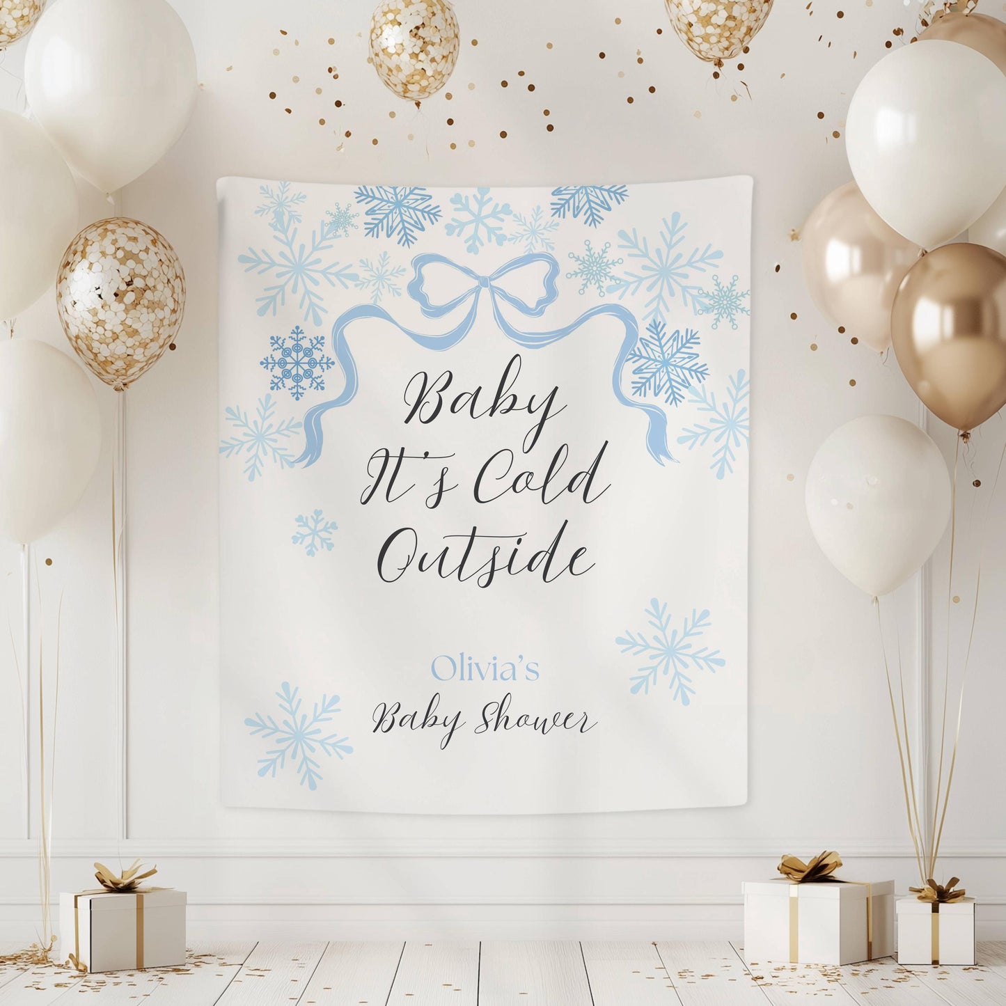 Baby Its Cold Outside Banner Pink Snowflake Baby Shower Backdrop Winter Baby Girl Shower Welcome Sign Outside Pink Bow Party Decor - LAUMIANstudio