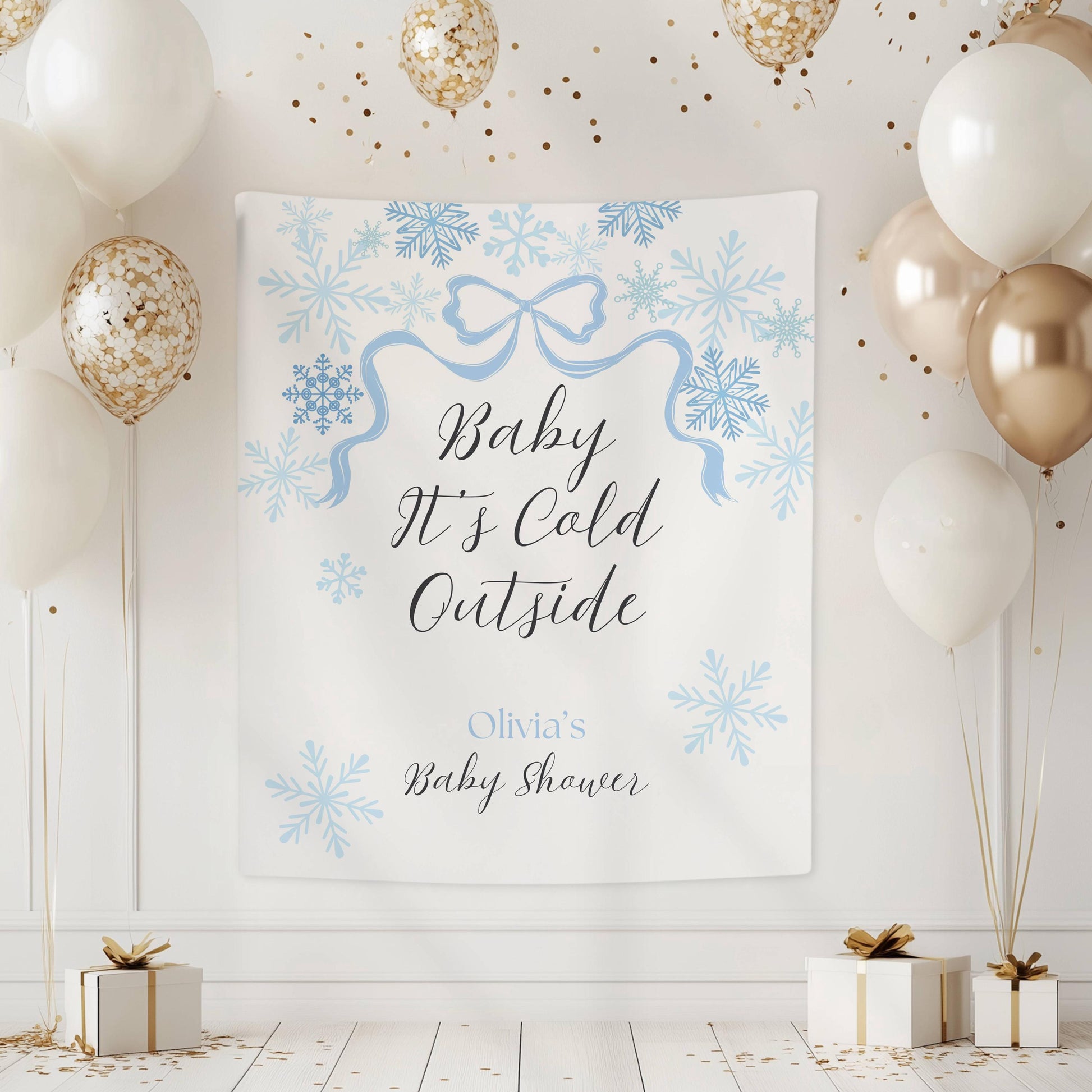 Baby Its Cold Outside Banner Pink Snowflake Baby Shower Backdrop Winter Baby Girl Shower Welcome Sign Outside Pink Bow Party Decor - LAUMIANstudio