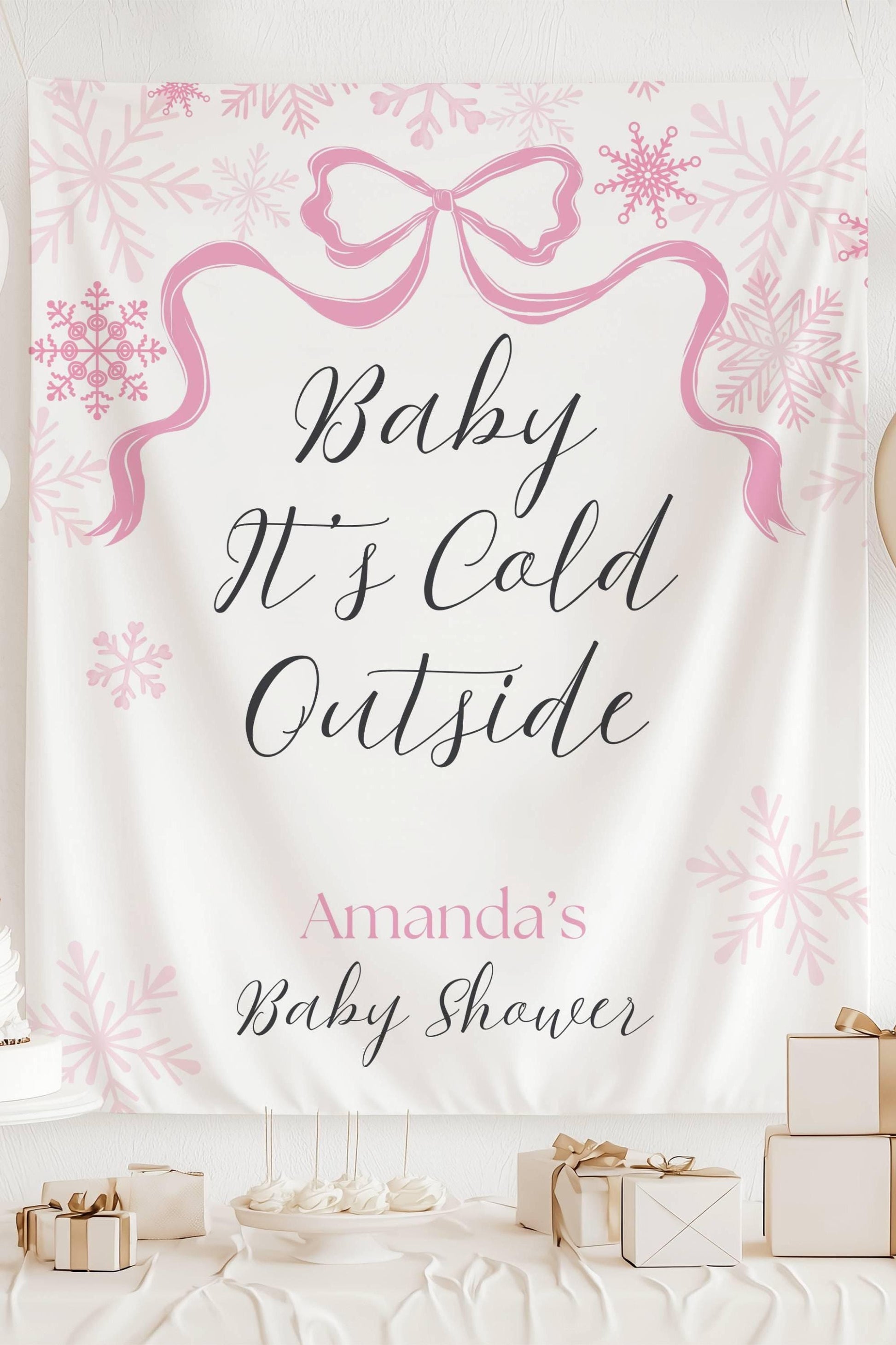 Baby Its Cold Outside Banner Pink Snowflake Baby Shower Backdrop Winter Baby Girl Shower Welcome Sign Outside Pink Bow Party Decor - LAUMIANstudio