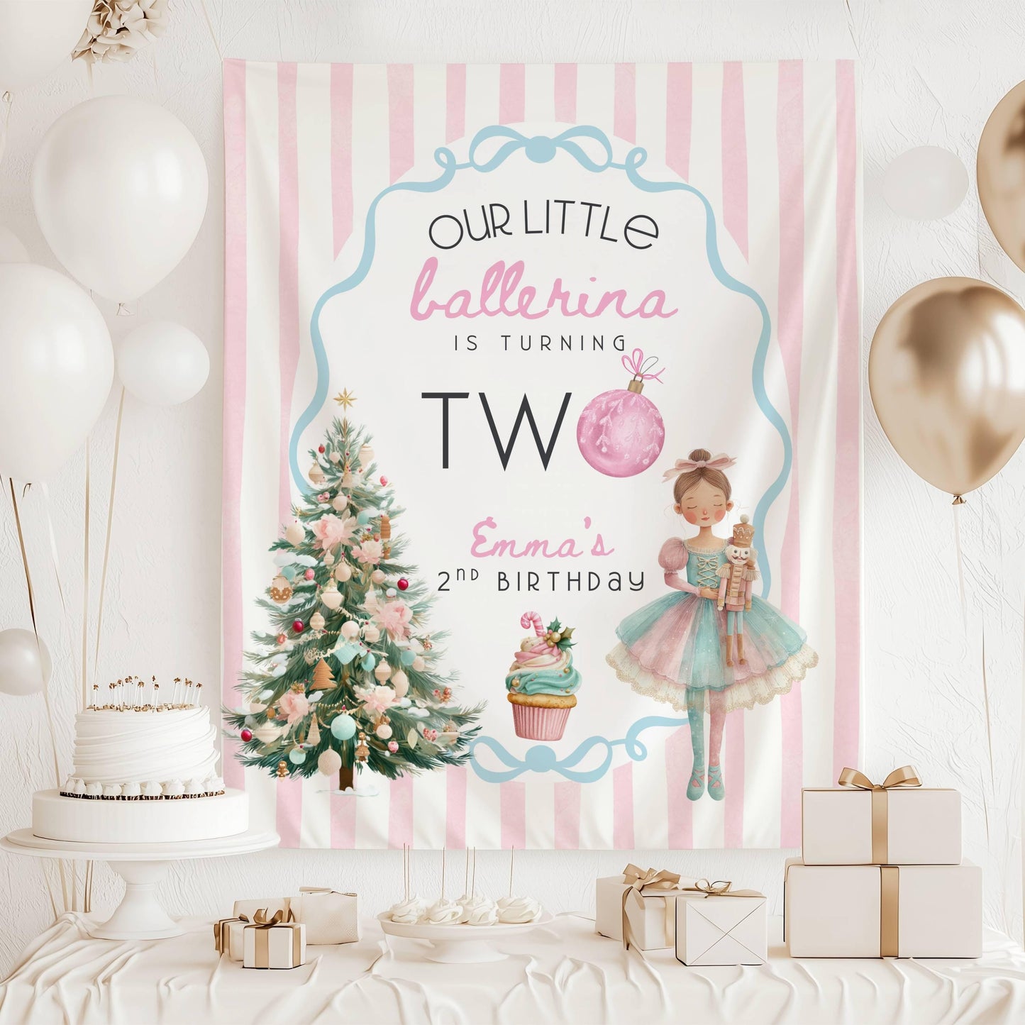 Winter 1st Birthday Banner Baby Girl is Turning One Backdrop Winter Ballerina Birthday Party Decor Nutcracker Ballet Banner Little Sugarplum - LAUMIANstudio