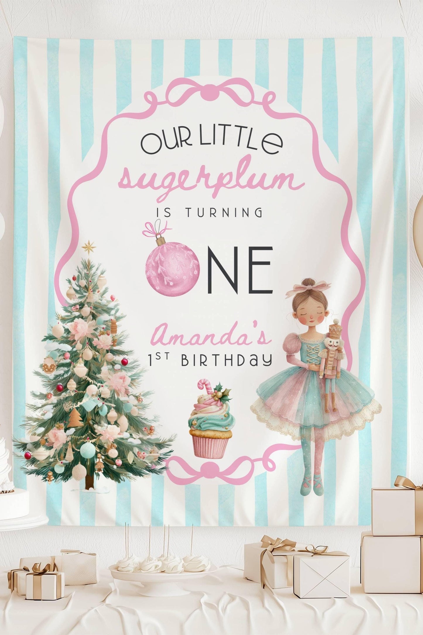 Winter 1st Birthday Banner Baby Girl is Turning One Backdrop Winter Ballerina Birthday Party Decor Nutcracker Ballet Banner Little Sugarplum - LAUMIANstudio