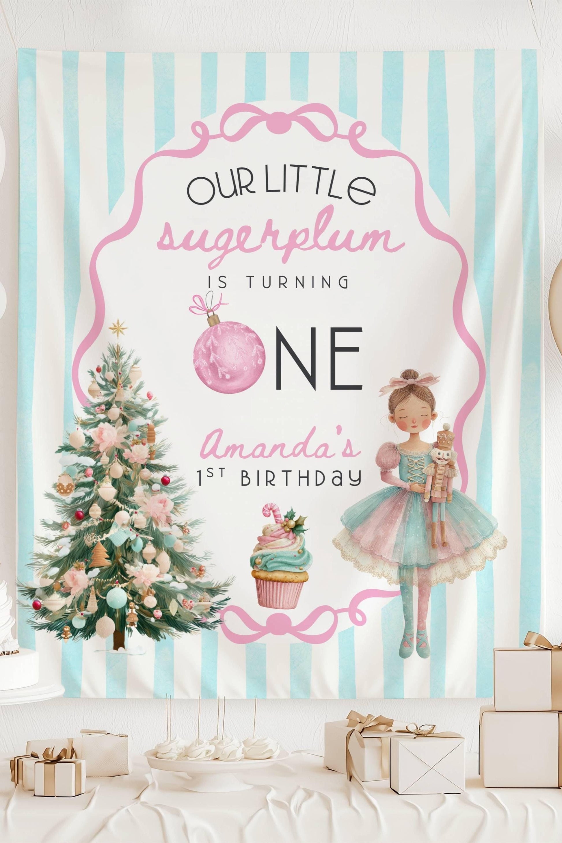Winter 1st Birthday Banner Baby Girl is Turning One Backdrop Winter Ballerina Birthday Party Decor Nutcracker Ballet Banner Little Sugarplum - LAUMIANstudio