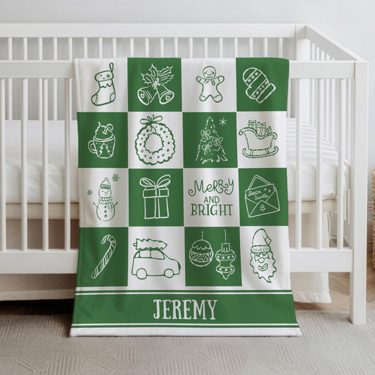 Green Christmas Name Blanket for Kid Holiday Blanket Gift for Grandson Festive Green Checkered Soft Throw Blanket Festive Kids Room Decor - LAUMIANstudio