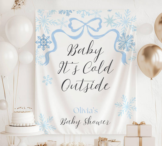 Baby Its Cold Outside Banner Pink Snowflake Baby Shower Backdrop Winter Baby Girl Shower Welcome Sign Outside Pink Bow Party Decor - LAUMIANstudio