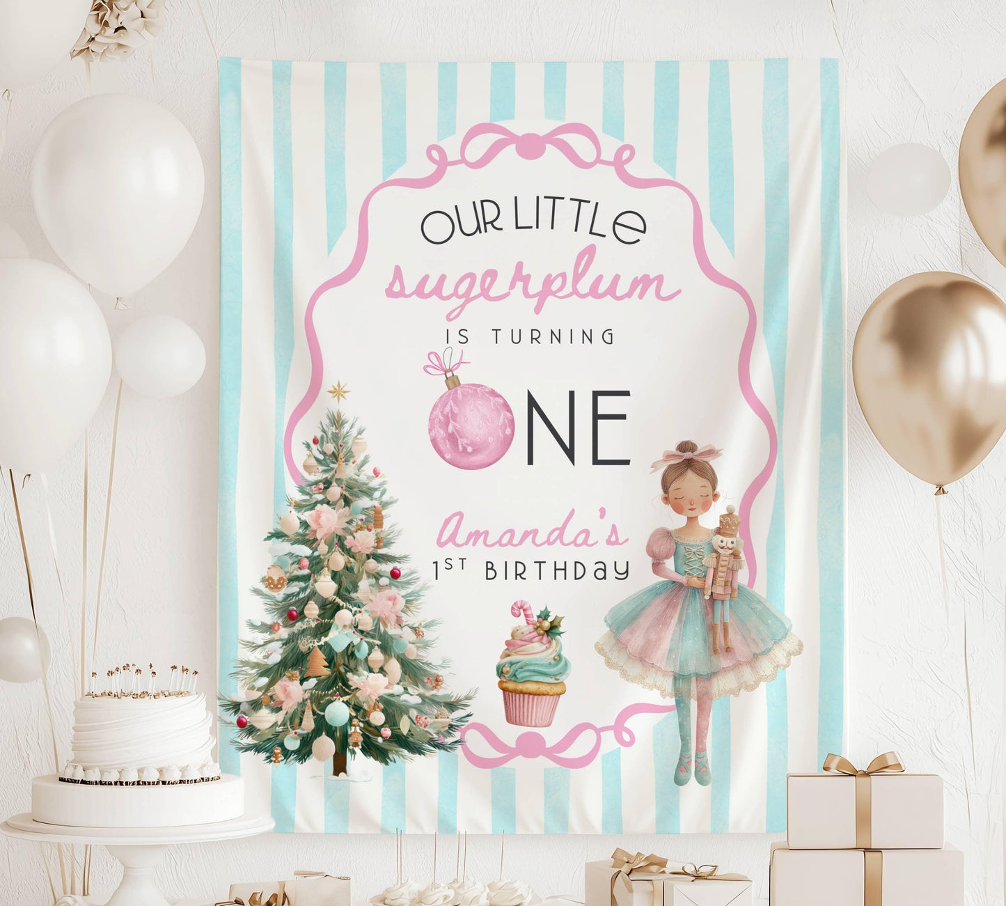 Winter 1st Birthday Banner Baby Girl is Turning One Backdrop Winter Ballerina Birthday Party Decor Nutcracker Ballet Banner Little Sugarplum - LAUMIANstudio