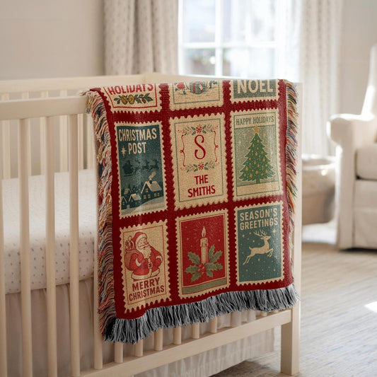 Custom Christmas Baby Blanket Vintage Holiday Stamp Woven Blanket Personalized First Christmas Keepsake Winter Baby Shower Gift Idea - LAUMIANstudio