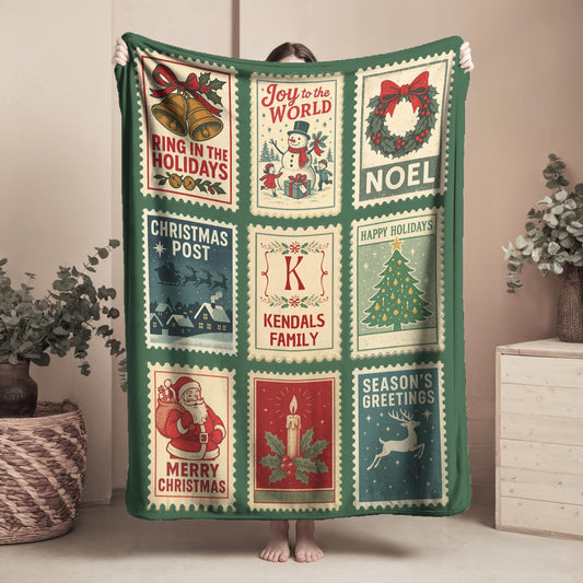 Christmas Vintage Stamp Blanket: Velveteen Plush, Sherpa or Woven - LAUMIANstudio