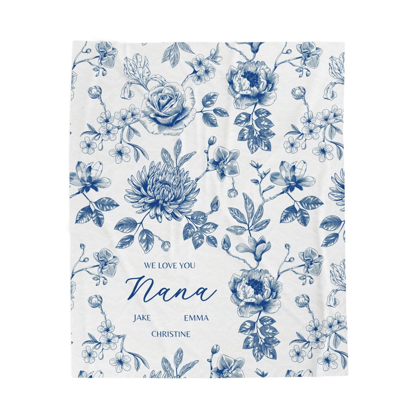 Personalized Nana Woven Blanket Blue Floral Throw Blanket for Grandma with Grandkid Names Personalized Nana Gift for Christmas or Birthday - LAUMIANstudio