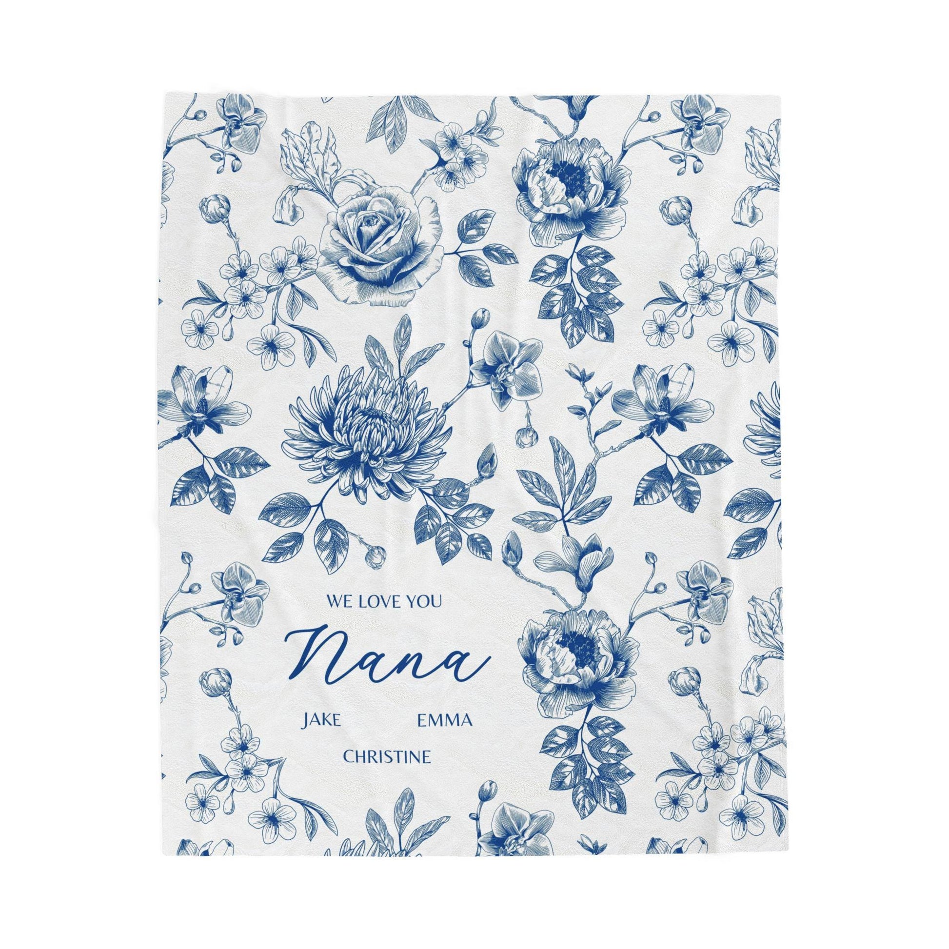 Personalized Nana Woven Blanket Blue Floral Throw Blanket for Grandma with Grandkid Names Personalized Nana Gift for Christmas or Birthday - LAUMIANstudio