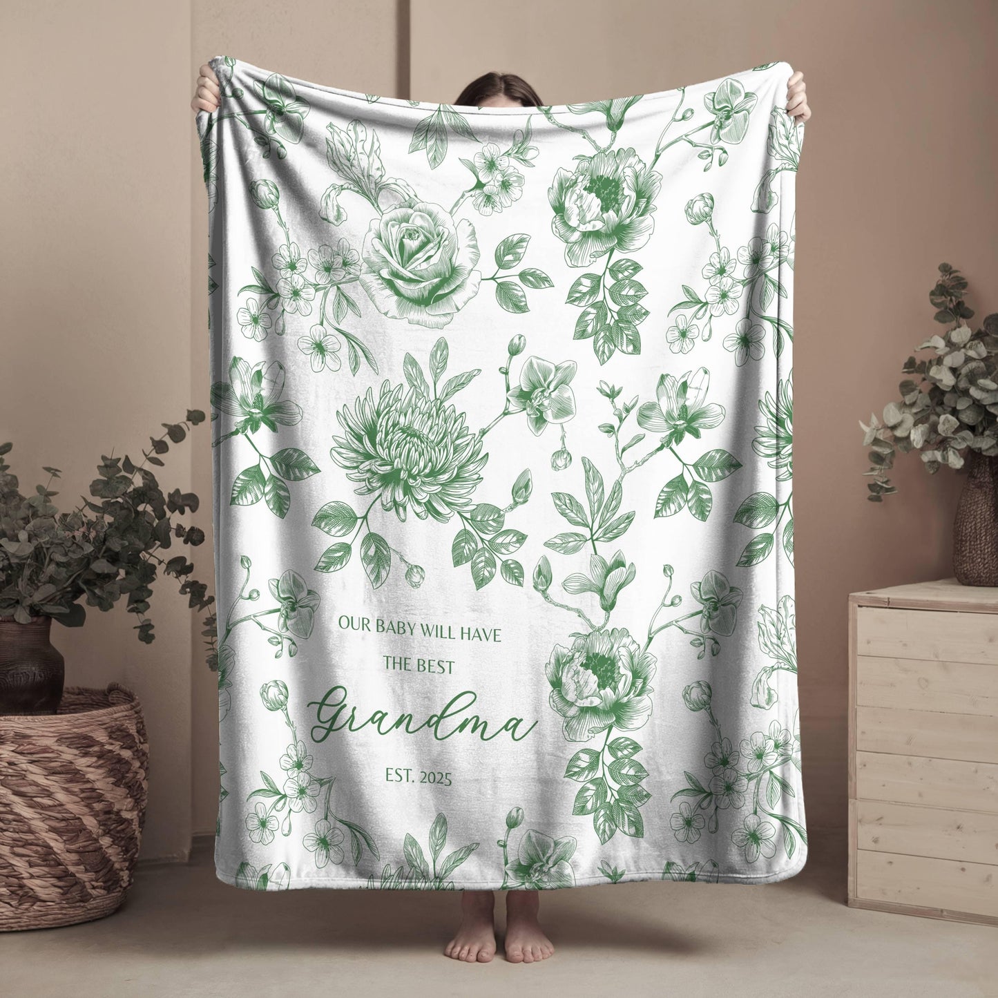 Personalized Nana Woven Blanket Blue Floral Throw Blanket for Grandma with Grandkid Names Personalized Nana Gift for Christmas or Birthday - LAUMIANstudio