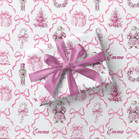Personalized Pink Nutcracker Wrapping Paper: Girly Pink Bow Christmas Gift Wrap for Baby Girl - LAUMIANstudio
