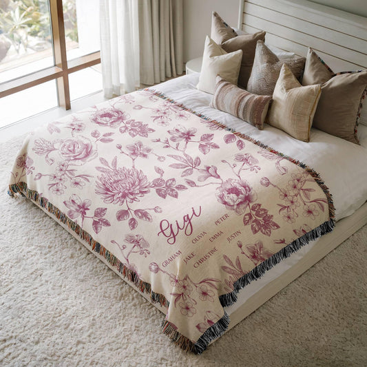 Personalized Gigi Woven Blanket Toile Floral Throw Blanket for Grandmother with Kid Names Custom Christmas Gift for Nana Birthday Blanket - LAUMIANstudio