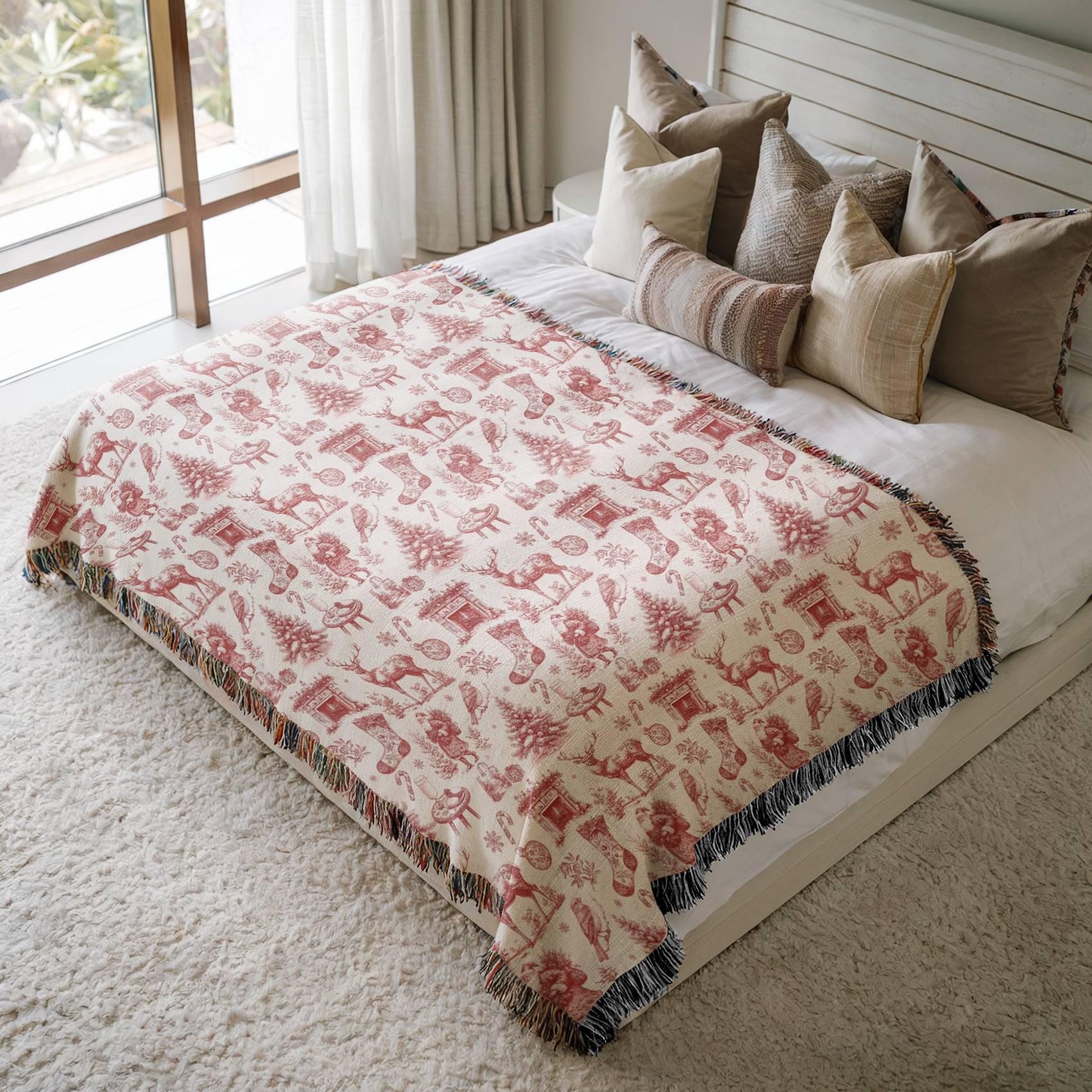 Red Toile Christmas Woven Blanket Elegant Toile de Jouy Festive Home Decoration Holiday French Country Blanket Chinoiserie Santa Red Blanket - LAUMIANstudio