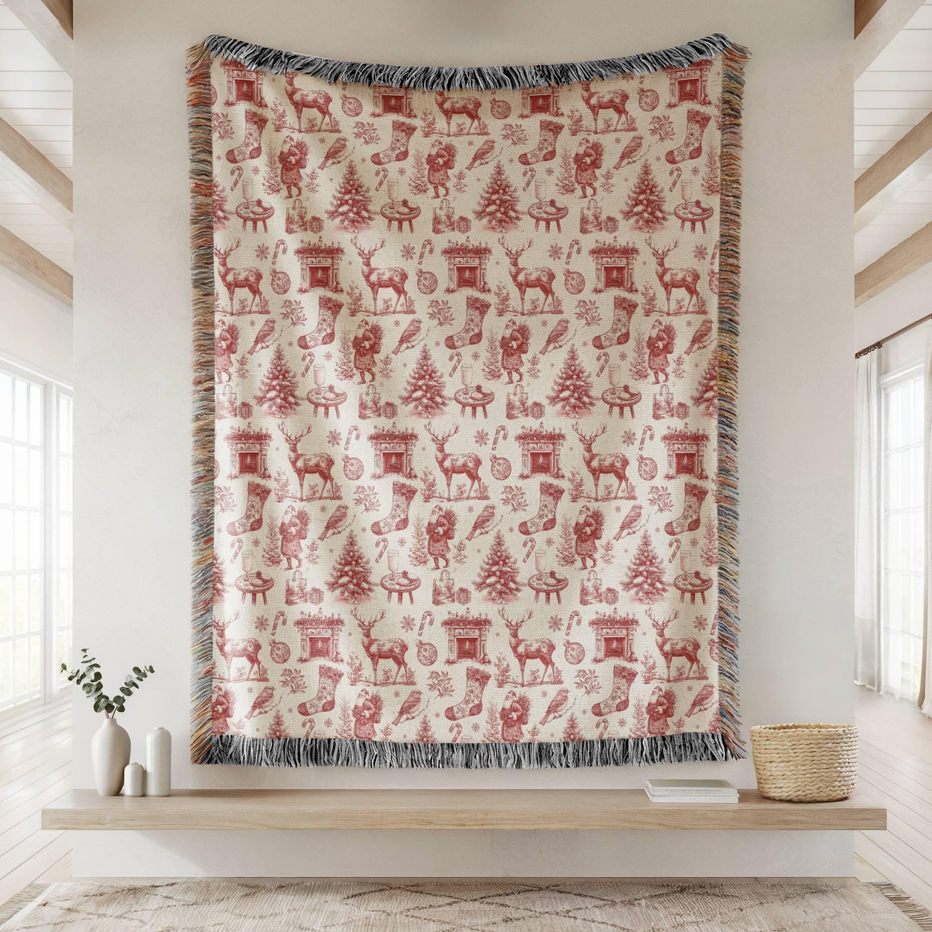 Red Toile Christmas Woven Blanket Elegant Toile de Jouy Festive Home Decoration Holiday French Country Blanket Chinoiserie Santa Red Blanket - LAUMIANstudio