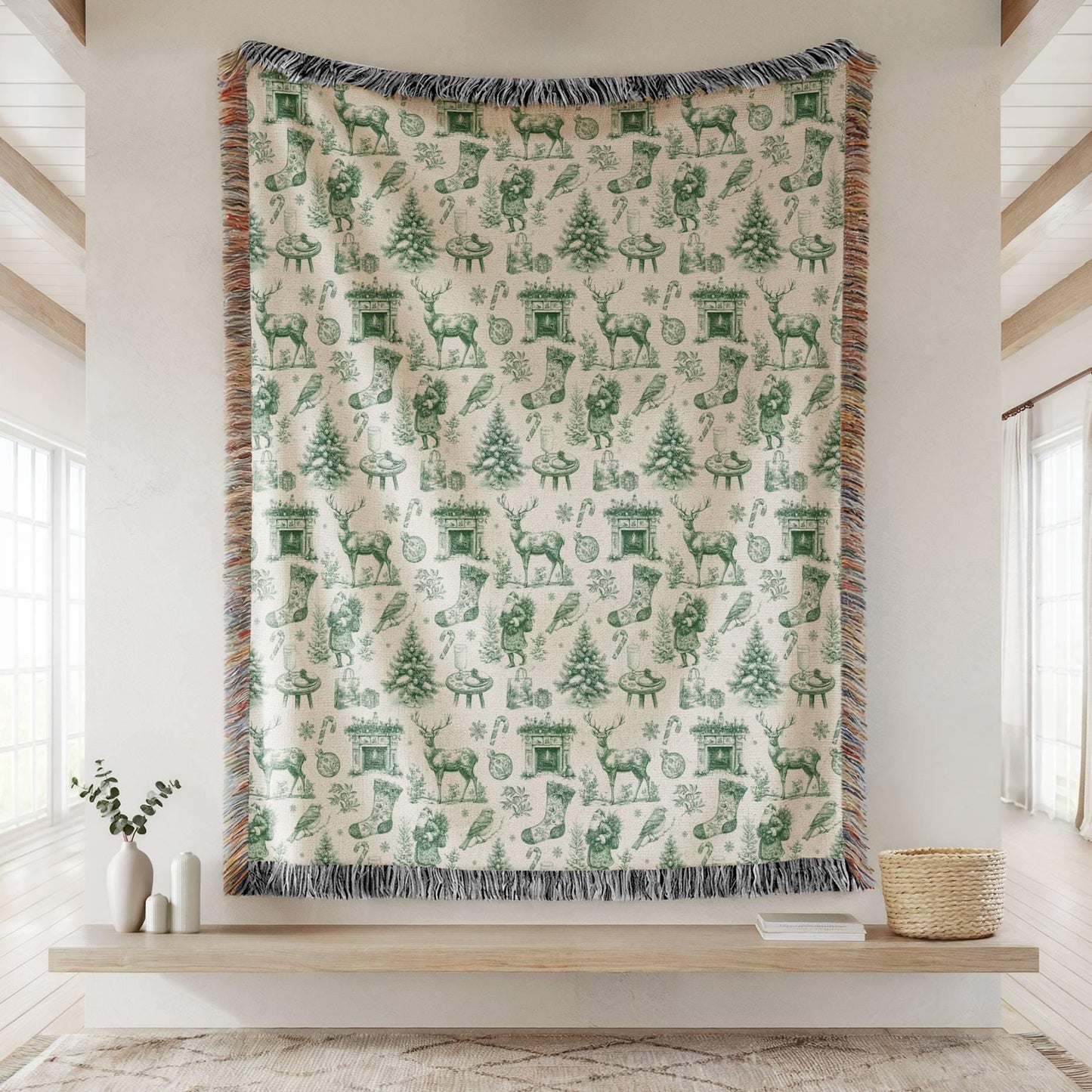 Green Toile Holiday Blanket French Vintage Throw Green Christmas Home Decor Toile de Jouy Woven Blanket - LAUMIANstudio