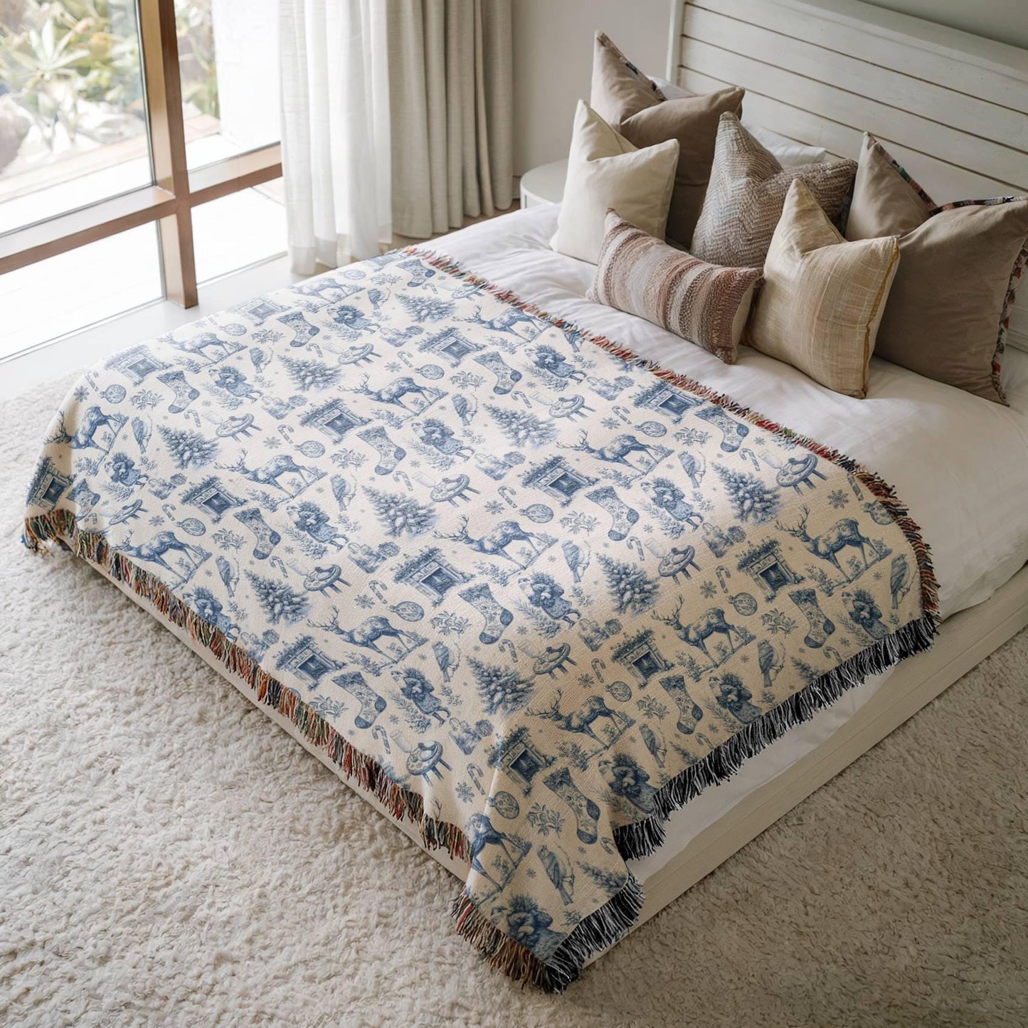 Vintage Christmas Woven Blanket Blue Toile Deer Holiday Woven Blanket Elegant Toile de Jouy Throw Blanket Festive Blue Home Decoration - LAUMIANstudio