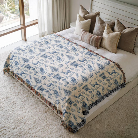 Vintage Christmas Woven Blanket Blue Toile Deer Holiday Woven Blanket Elegant Toile de Jouy Throw Blanket Festive Blue Home Decoration - LAUMIANstudio