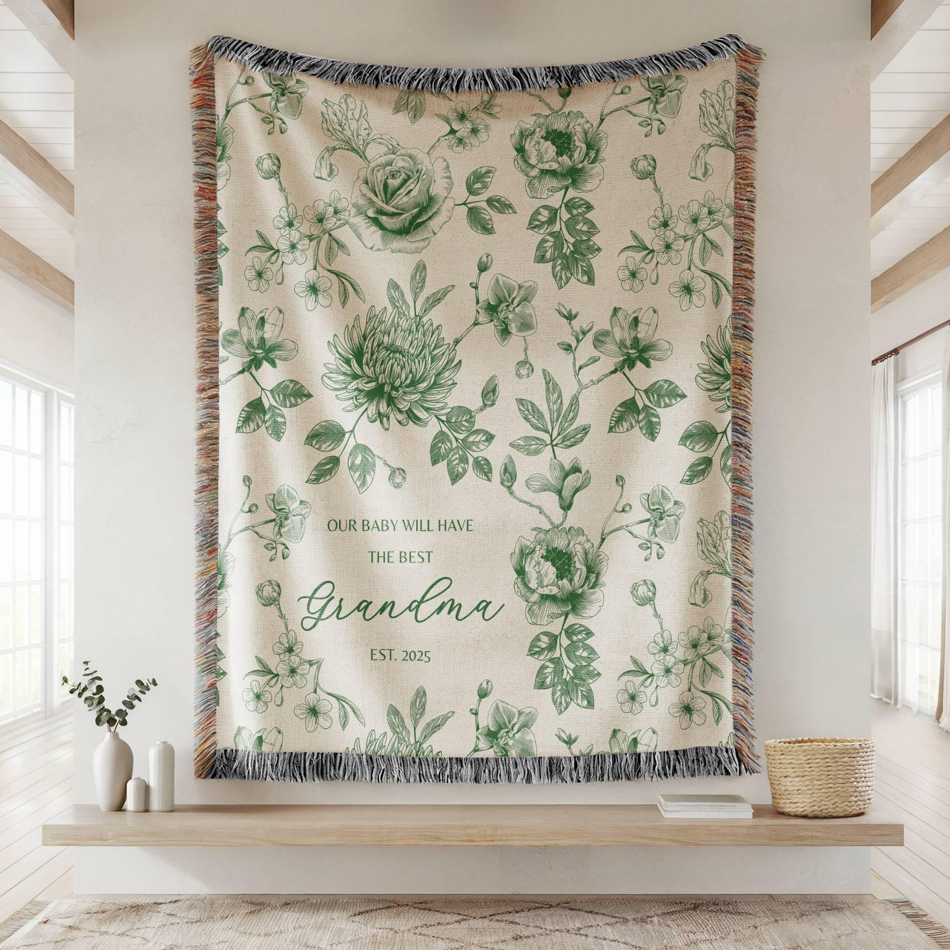 Personalized Nana Woven Blanket Blue Floral Throw Blanket for Grandma with Grandkid Names Personalized Nana Gift for Christmas or Birthday - LAUMIANstudio