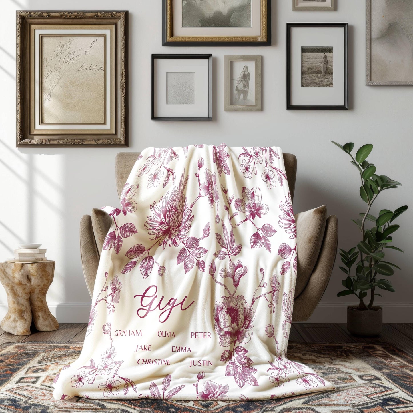 Personalized Nana Woven Blanket Blue Floral Throw Blanket for Grandma with Grandkid Names Personalized Nana Gift for Christmas or Birthday - LAUMIANstudio