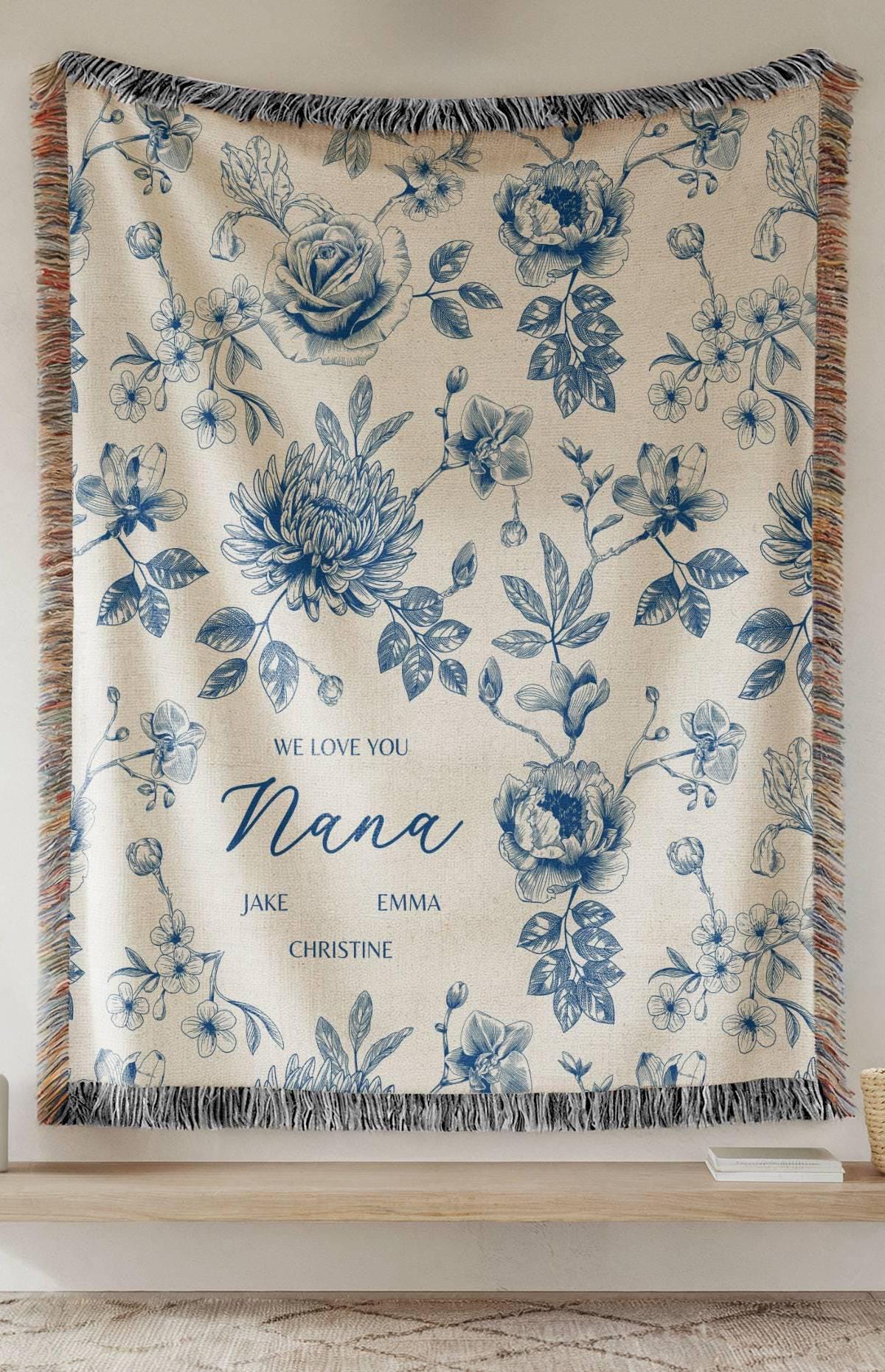Personalized Nana Woven Blanket Blue Floral Throw Blanket for Grandma with Grandkid Names Personalized Nana Gift for Christmas or Birthday - LAUMIANstudio