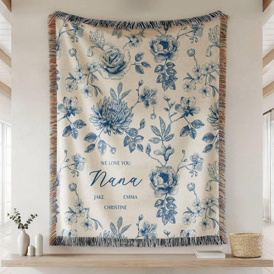 Personalized Nana Woven Blanket Blue Floral Throw Blanket for Grandma with Grandkid Names Personalized Nana Gift for Christmas or Birthday - LAUMIANstudio
