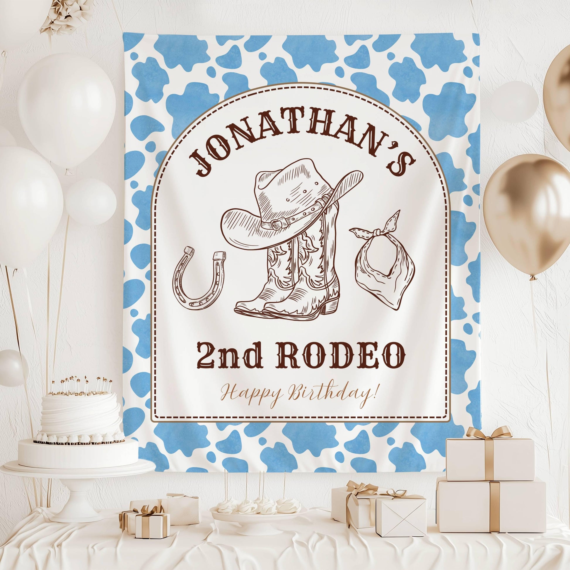 Cowboy 1st Birthday Banner Personalized First Rodeo Birthday Party Backdrop Wild West First Birthday Birthday Boy Wall Tapestry Cow Print - LAUMIANstudio