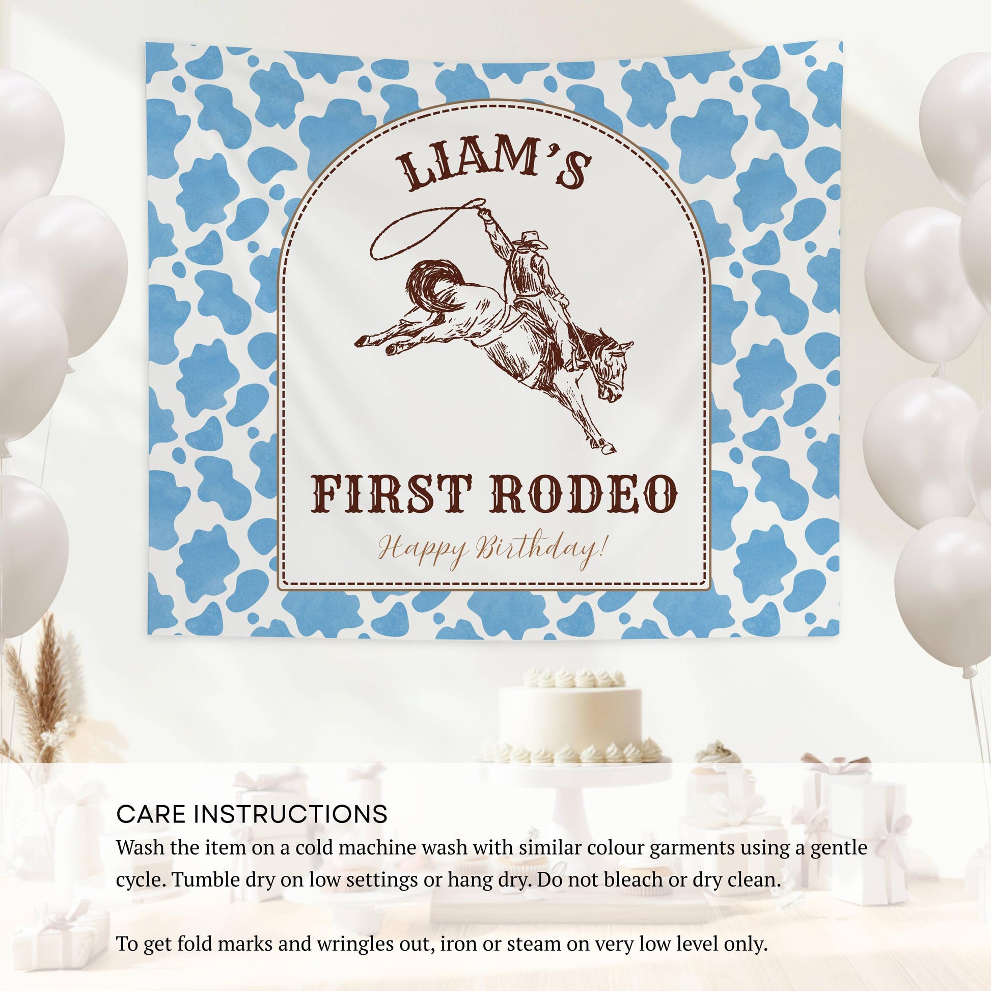 Cowboy 1st Birthday Banner Personalized First Rodeo Birthday Party Backdrop Wild West First Birthday Birthday Boy Wall Tapestry Cow Print - LAUMIANstudio