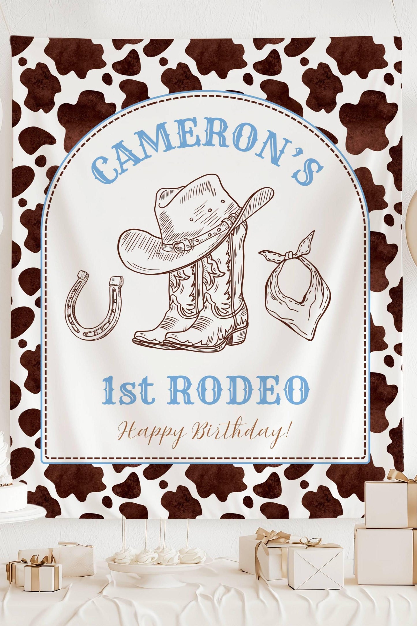 Cowboy 1st Birthday Banner Personalized First Rodeo Birthday Party Backdrop Wild West First Birthday Birthday Boy Wall Tapestry Cow Print - LAUMIANstudio