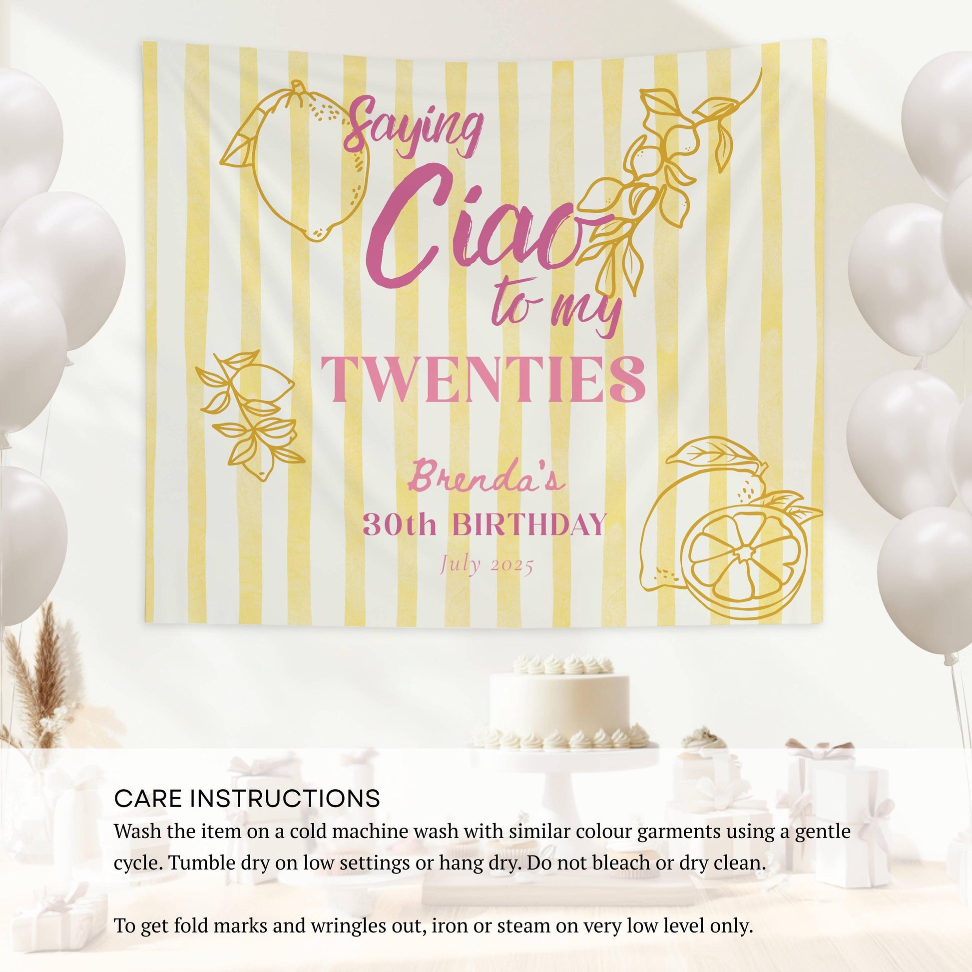 Saying Ciao to My Twenties Banner Italian Birthday Backdrop Personalized Ciao Bella 30th Birthday Party Wall Tapestry Lemon Striped Sign - LAUMIANstudio
