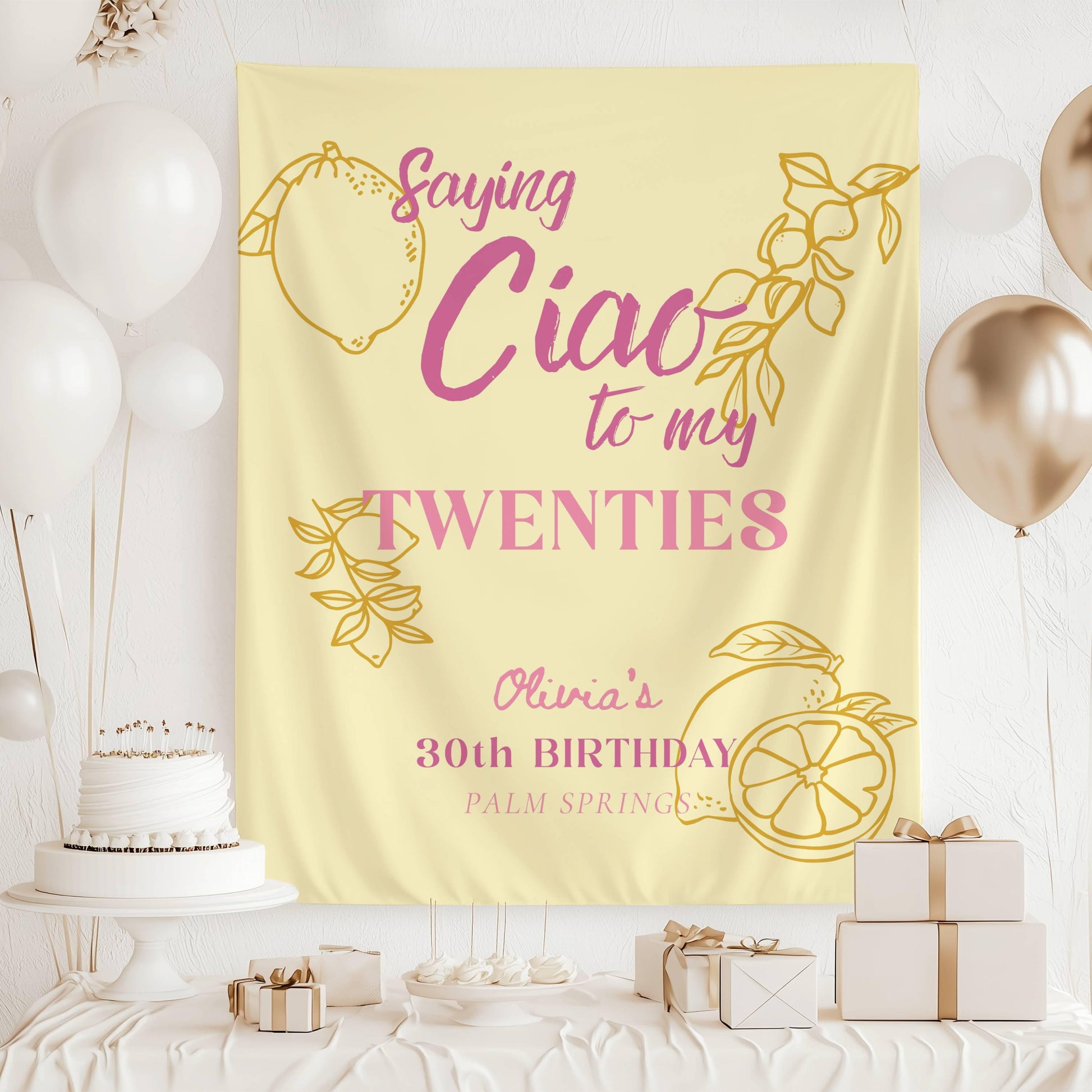Saying Ciao to My Twenties Banner Italian Birthday Backdrop Personalized Ciao Bella 30th Birthday Party Wall Tapestry Lemon Striped Sign - LAUMIANstudio