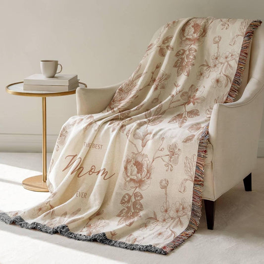 Personalized Mom Woven Blanket Beige Floral Throw Blanket for Mommy with Kid Names Custom Christmas Gift for Mom Birthday Blanket - LAUMIANstudio
