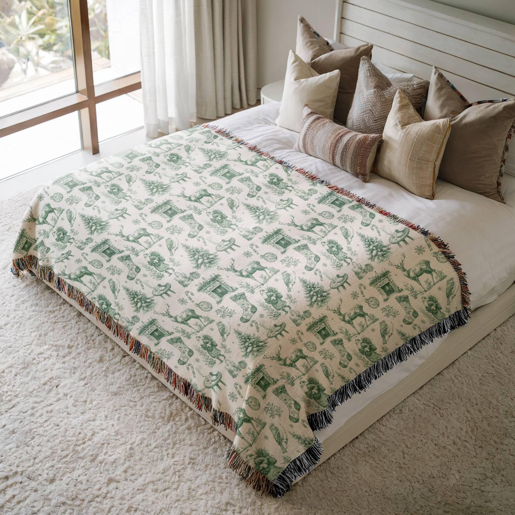 Green Toile Holiday Blanket French Vintage Throw Green Christmas Home Decor Toile de Jouy Woven Blanket - LAUMIANstudio
