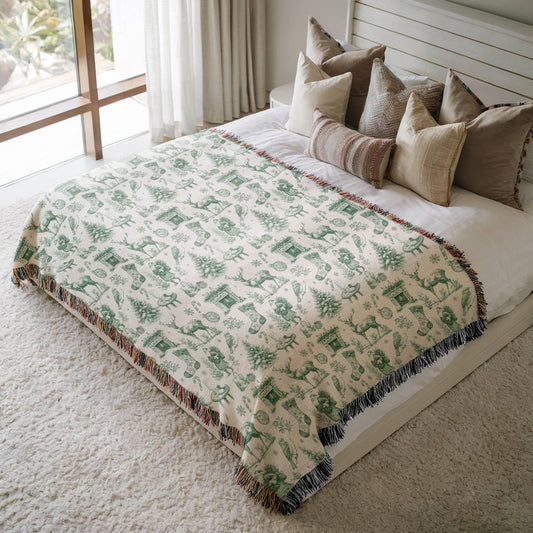 Green Toile Holiday Blanket French Vintage Throw Green Christmas Home Decor Toile de Jouy Woven Blanket - LAUMIANstudio