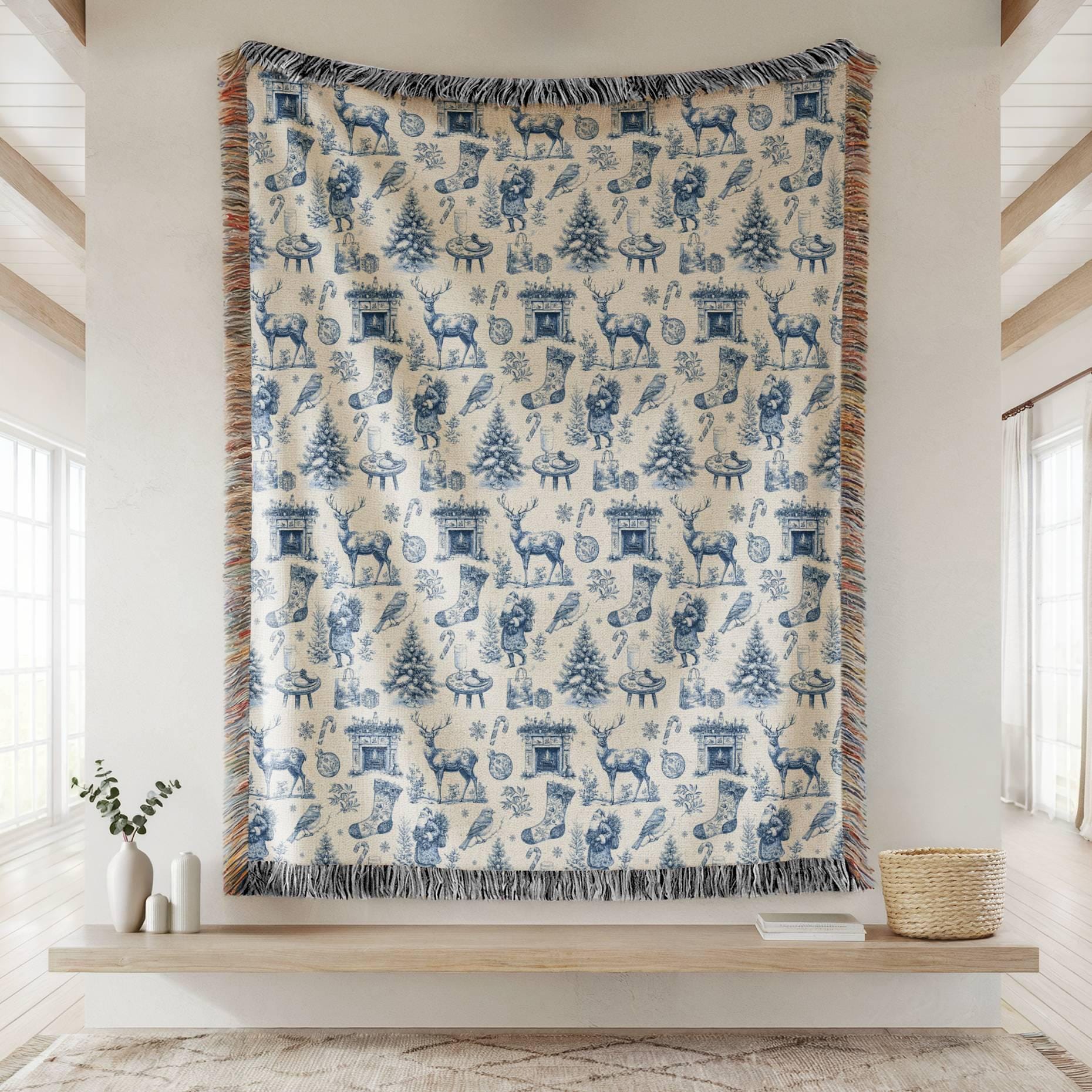Vintage Christmas Woven Blanket Blue Toile Deer Holiday Woven Blanket Elegant Toile de Jouy Throw Blanket Festive Blue Home Decoration - LAUMIANstudio