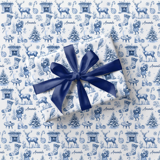 Elegant Christmas Toile Wrapping Paper Vintage Toile Gift Wrapping Paper Roll Luxury Christmas Gift Wrap Christmas Toile Present Wrap Blue - LAUMIANstudio