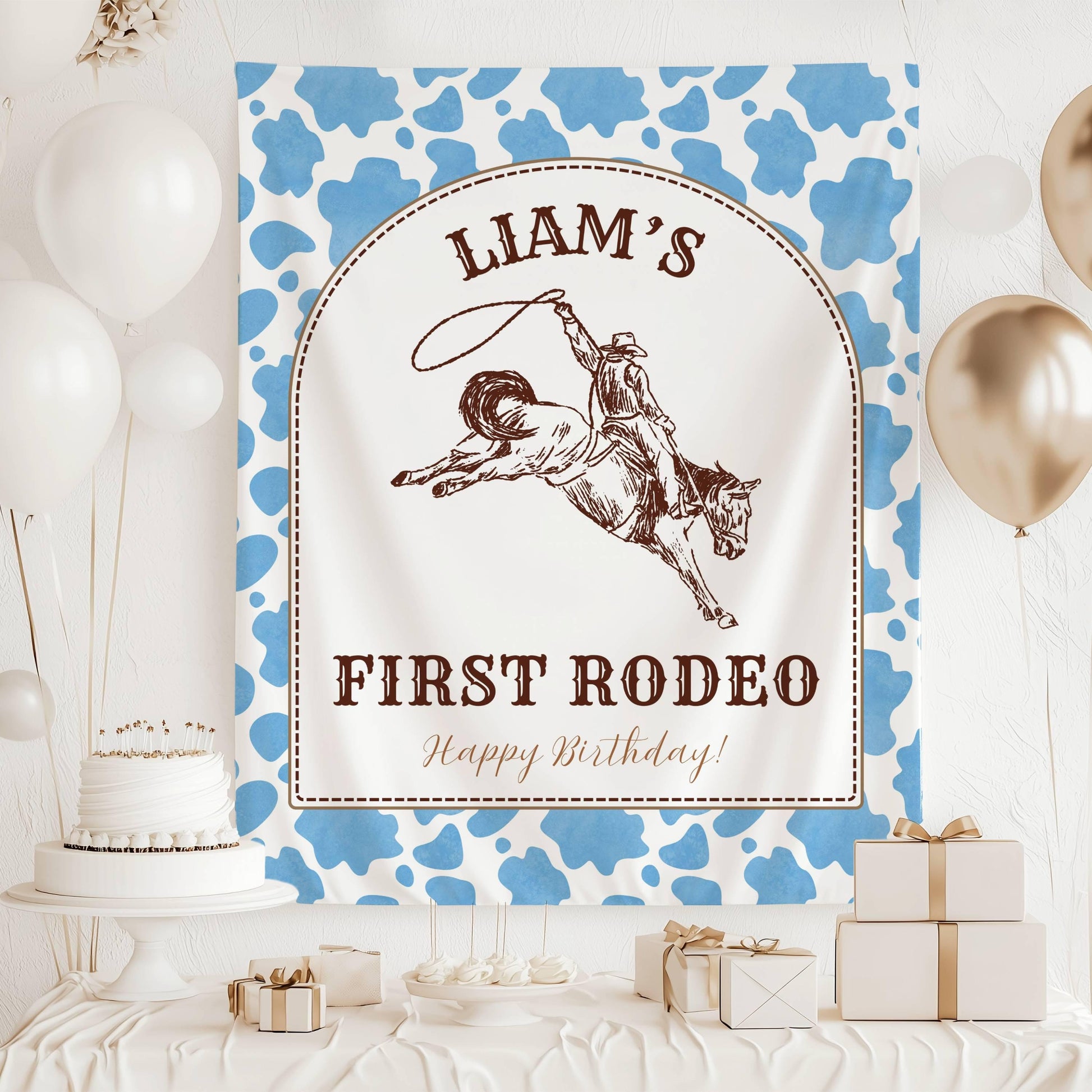 Cowboy 1st Birthday Banner Personalized First Rodeo Birthday Party Backdrop Wild West First Birthday Birthday Boy Wall Tapestry Cow Print - LAUMIANstudio