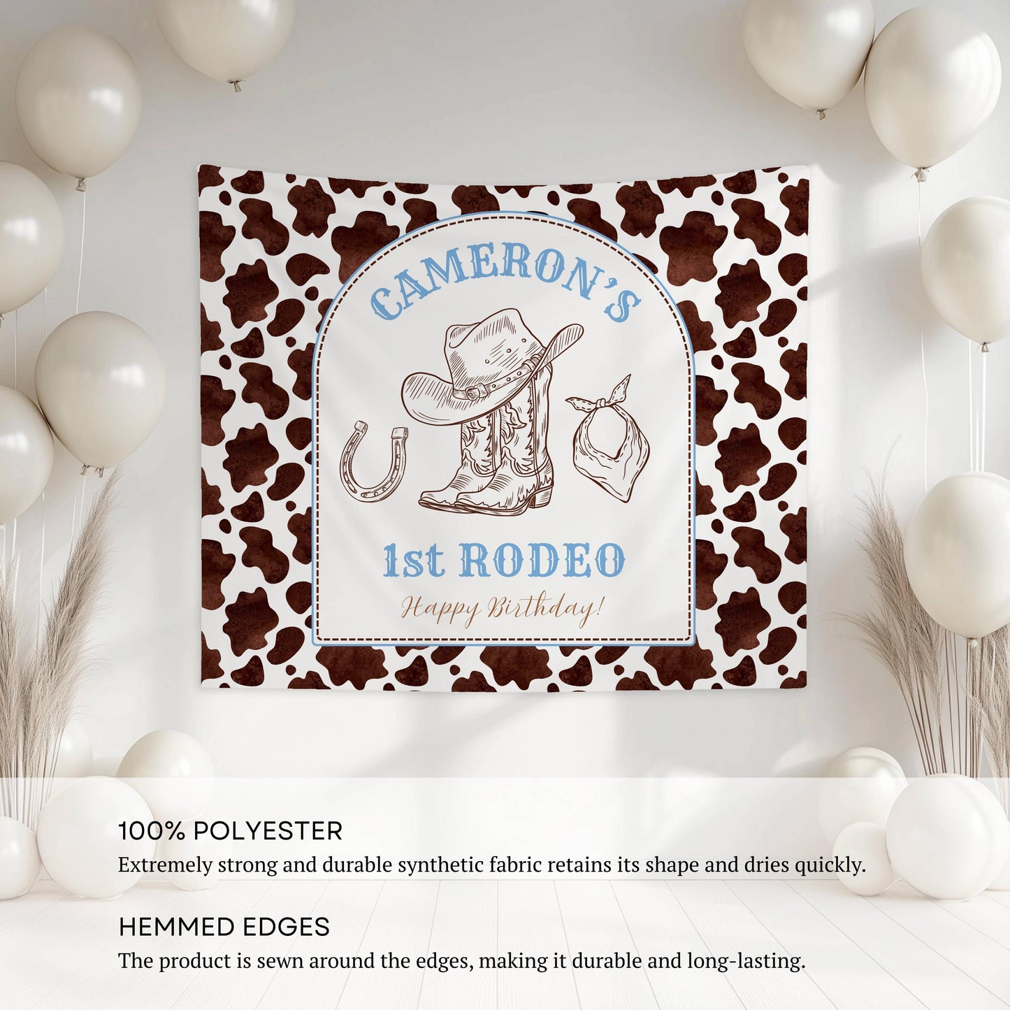 Cowboy 1st Birthday Banner Personalized First Rodeo Birthday Party Backdrop Wild West First Birthday Birthday Boy Wall Tapestry Cow Print - LAUMIANstudio