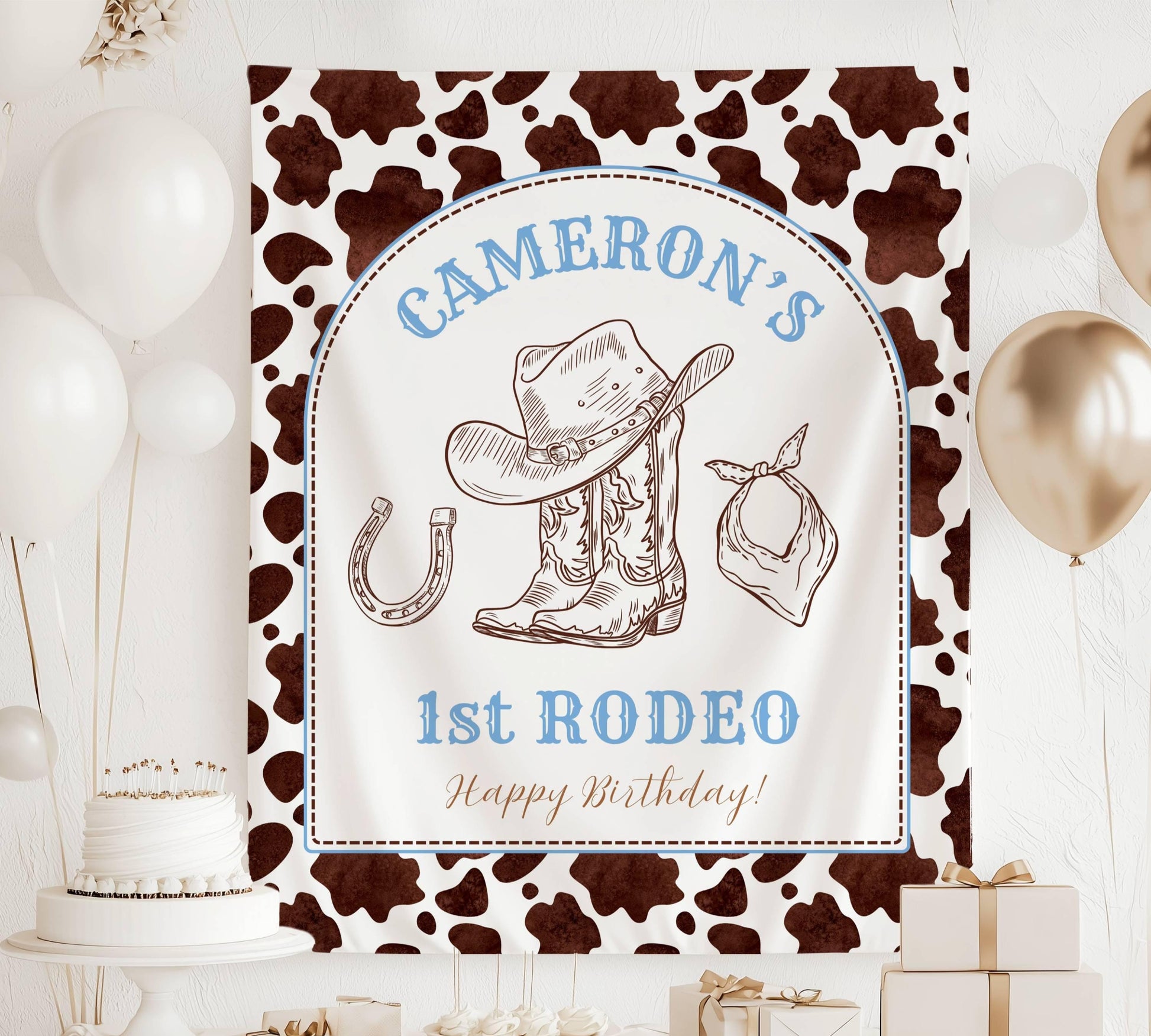 Cowboy 1st Birthday Banner Personalized First Rodeo Birthday Party Backdrop Wild West First Birthday Birthday Boy Wall Tapestry Cow Print - LAUMIANstudio