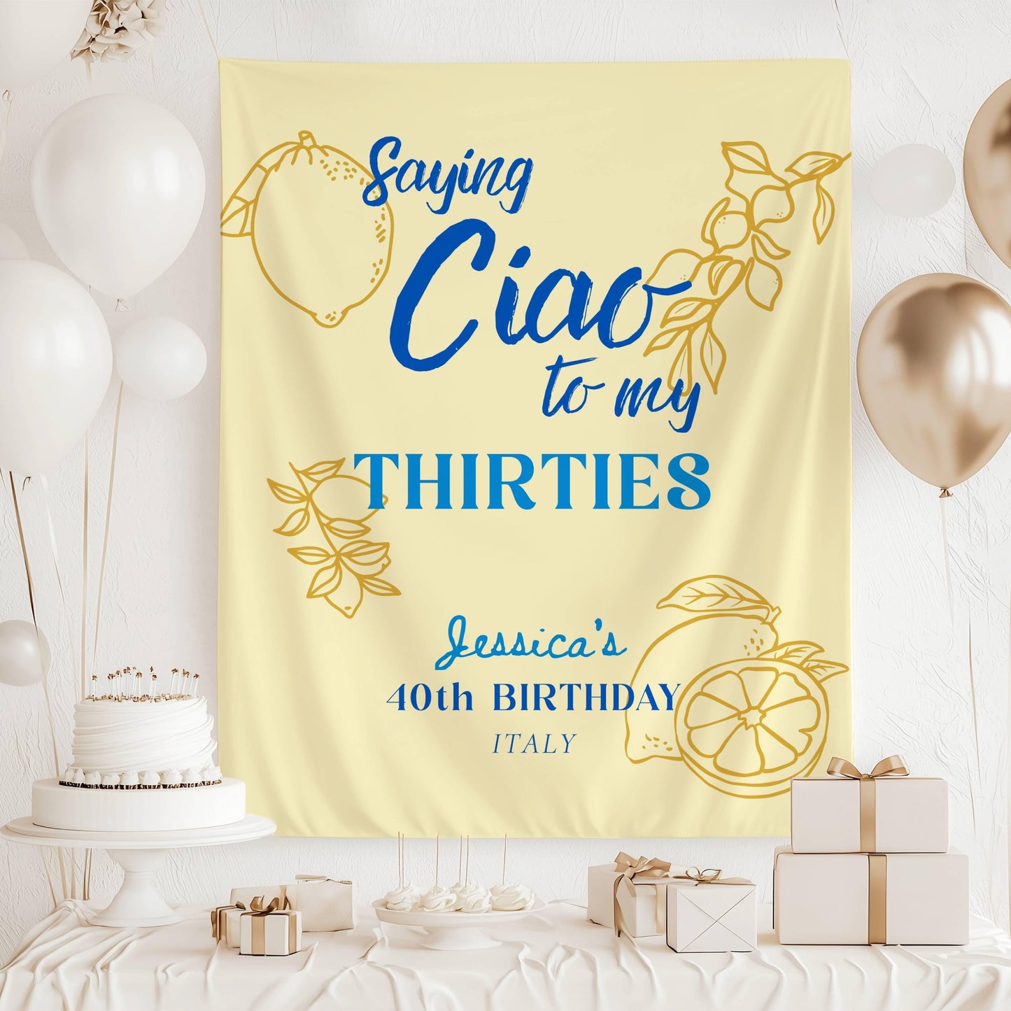 Saying Ciao to My Twenties Banner Italian Birthday Backdrop Personalized Ciao Bella 30th Birthday Party Wall Tapestry Lemon Striped Sign - LAUMIANstudio